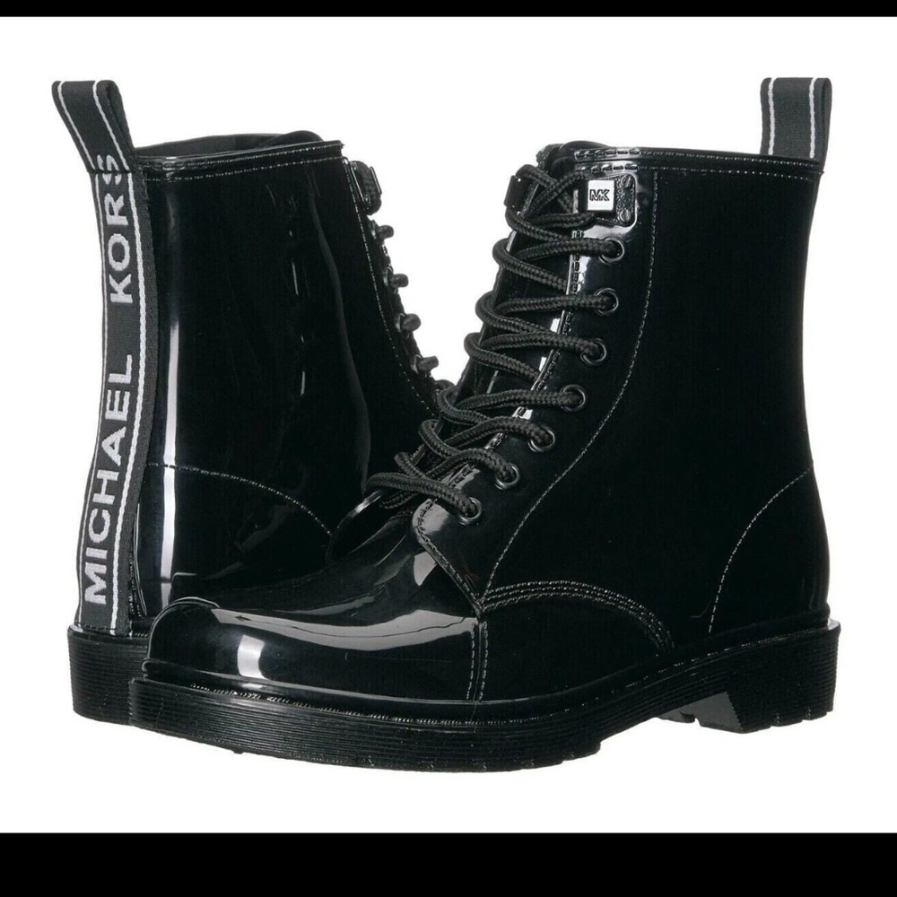Michael Kors Glossy Black Lace Up Rain Combat Boots